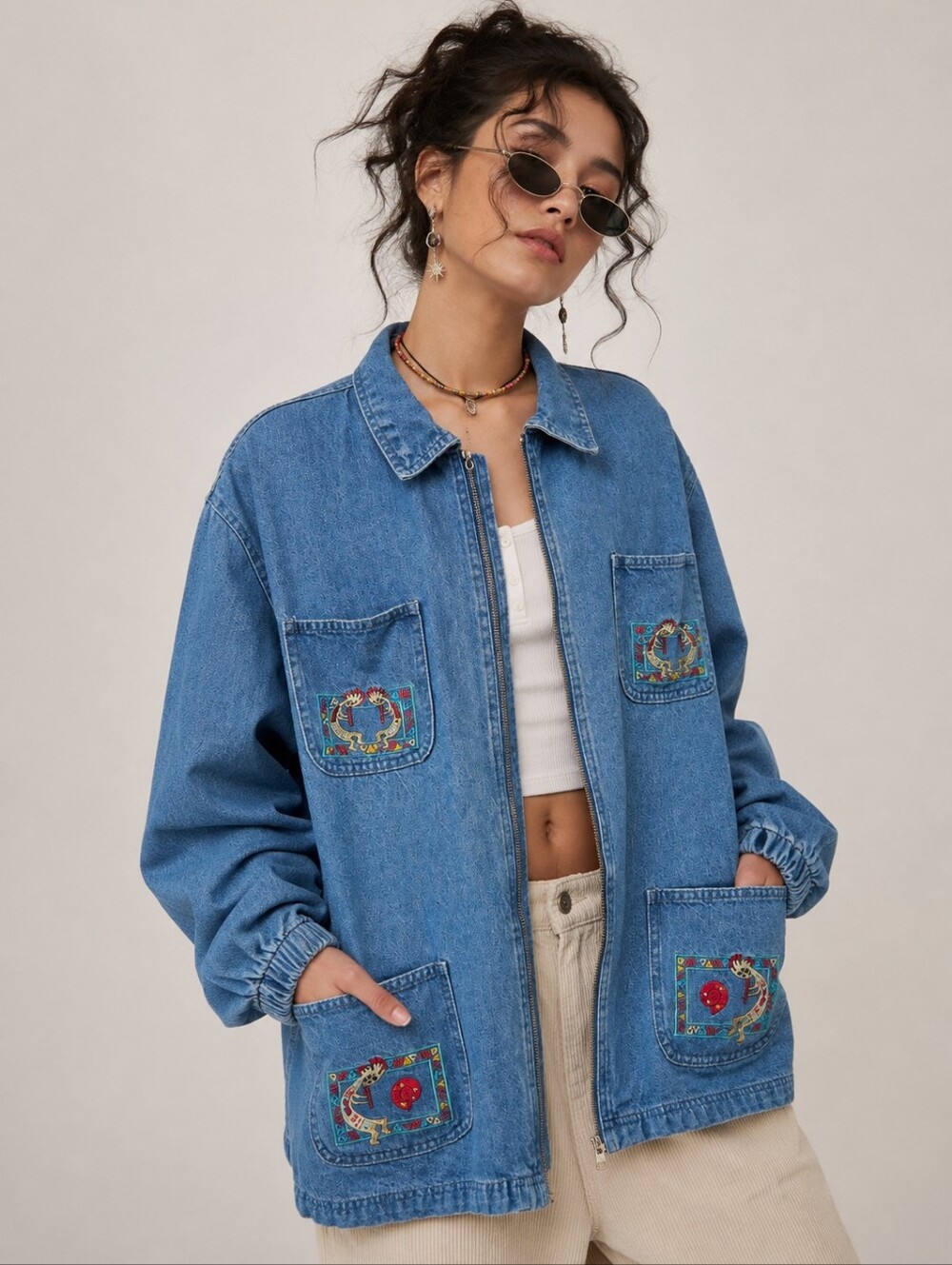 Vintage 90s Passion Kokopelli Embroidered Jean Jacket Size XL Zip Up Tribal